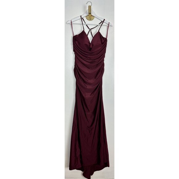 LA FEMME Strappy Back Ruched Trumpet Gown in Dark Berry Size US 12 - Picture 2 of 7